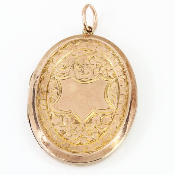 9K Rose Gold 1870's Victorian Etched Oval Antique Locket Hand Painted Portrait